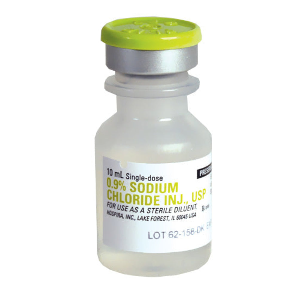 Close-up view of a single 10ml sterile vial of Sodium Chloride 0.9% with a yellow flip-off cap, clearly labeled for preservative-free clinical use.