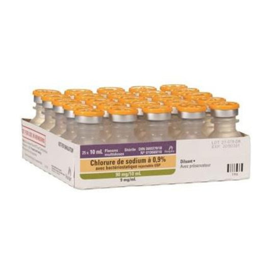 A professional 25-pack tray of Sodium Chloride 0.9% Bacteriostatic 10ml vials with preservative, designed for clinical use as a sterile diluent for injectable medications.