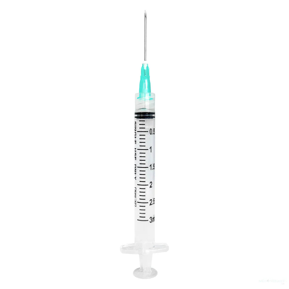 Sol-M 3 mL Luer Lock medical syringe with clear measurement markings and exchangeable hypodermic needle on a plain white background.