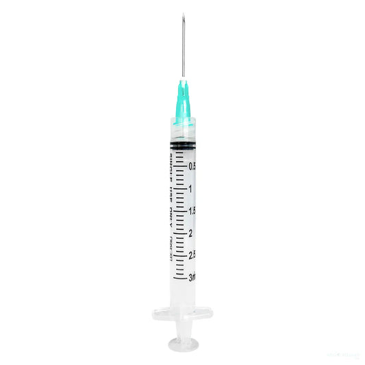 Sol-M 3 mL Luer Lock medical syringe with clear measurement markings and exchangeable hypodermic needle on a plain white background.