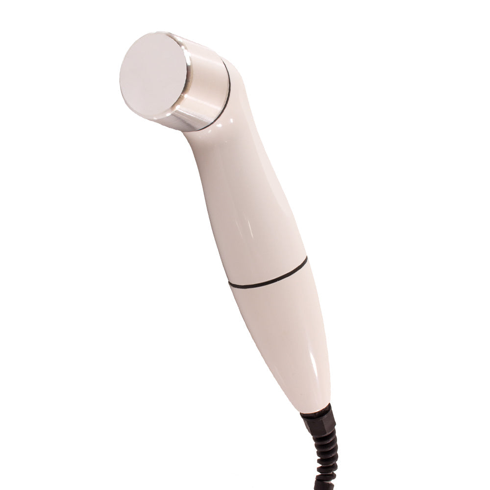 SoundCare Plus 5 cm² therapeutic ultrasound wand applicator with silver soundhead applicator and black cord on a white background.