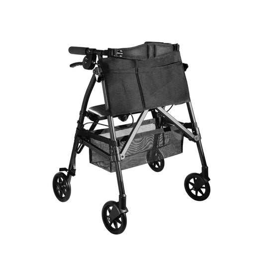 Stander Let's Go Out Rollator Walker featuring a black frame, large front swivel wheels, under-seat mesh storage basket, and ergonomic handbrakes isolated on a white background.