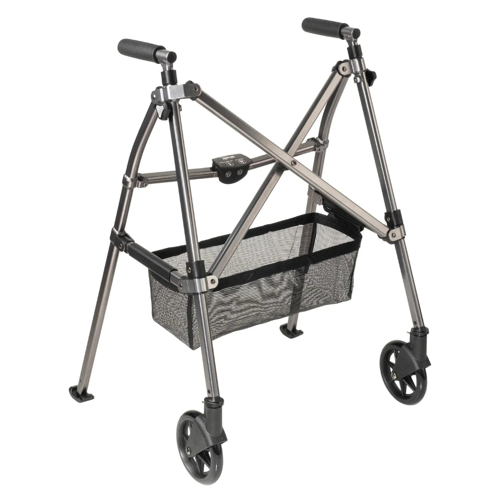 Standalone angled view of the grey Wonder Walker Plus #4300, featuring a lightweight 8 lb frame, front locking-swivel wheels, rear ski glides, and a mesh storage basket.