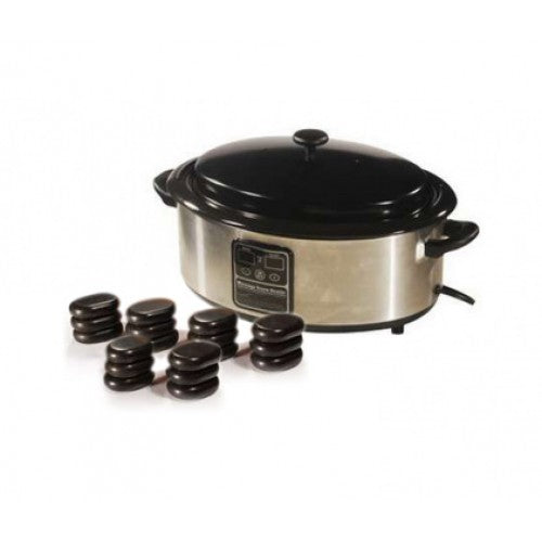 Hot stone massage therapy set featuring a stainless steel digital stone warmer heating unit and stacks of smooth black basalt massage stones on a white background.