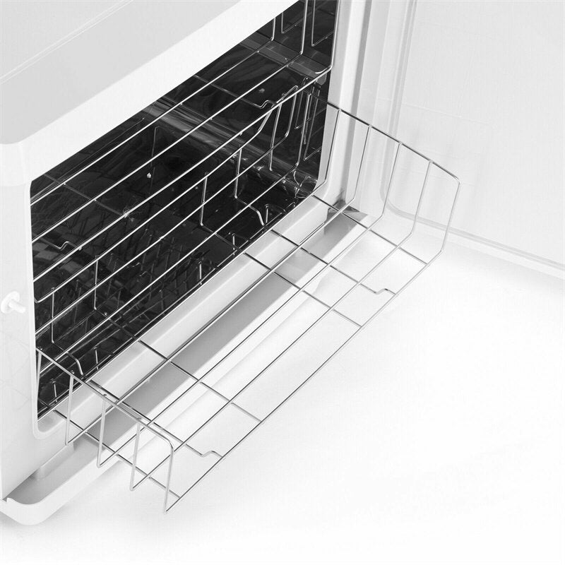 Close-up view of a metal wire storage basket mounted inside a white freezer door panel.