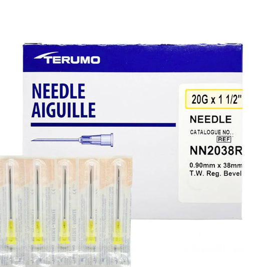 Terumo 20G x 1 1/2 inch hypodermic needle packaging box showing REF NN2038R with individual sterile yellow-coded needle blister packs below on a white background.