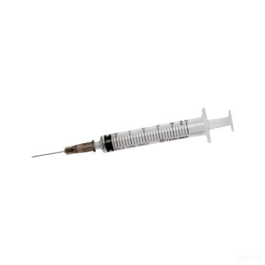 Terumo 3mL sterile single-use Luer Lock syringe with attached 23G x 1 inch hypodermic needle shown horizontally on a plain white background.