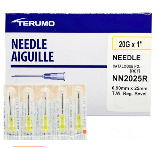 Box and blister pack of Terumo 20 gauge 1 inch hypodermic medical needles model NN2025R on a plain white background.