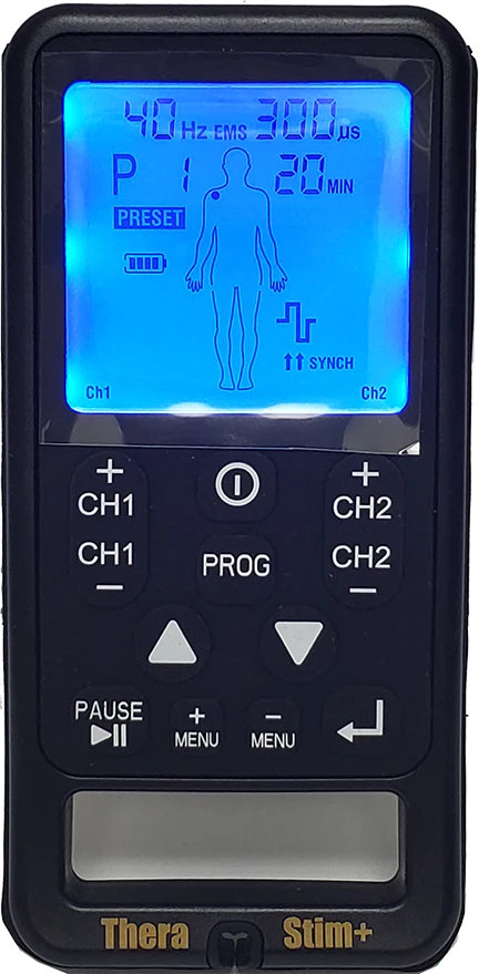 Close up view of Thera Stim Plus handheld TENS EMS unit blue LCD screen and control buttons