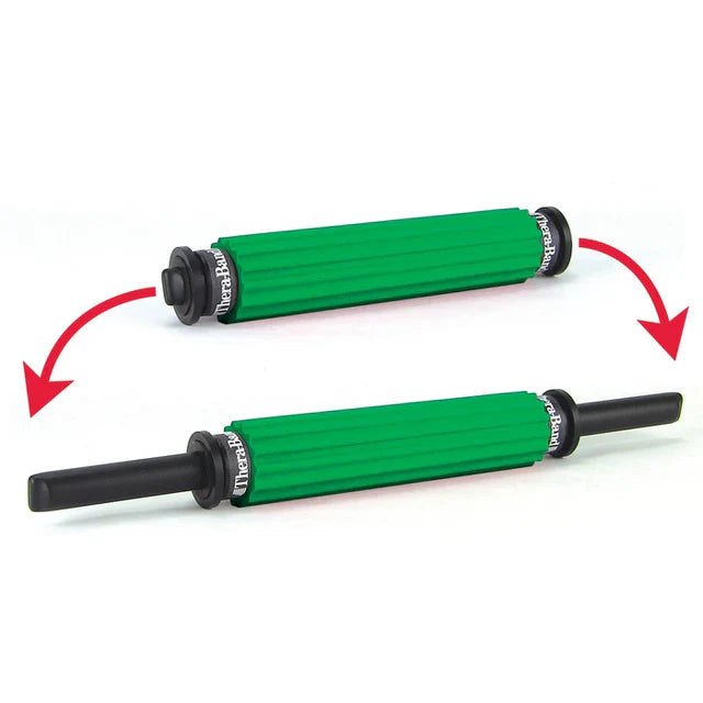 TheraBand handheld roller massager shown in both compact retracted and extended handle positions against a plain white background.
