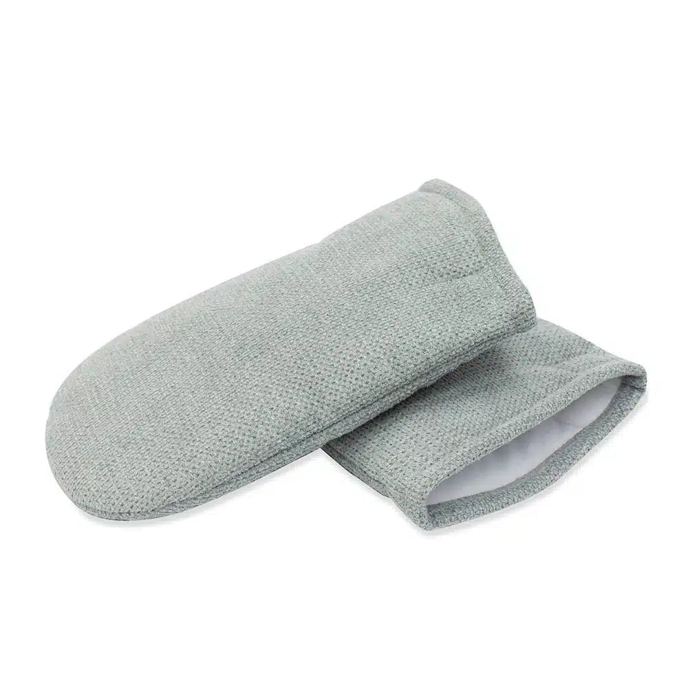 A pair of tan Therabath insulated hand mitts, featuring heavy-weight plush material for maximum heat retention during paraffin treatments.