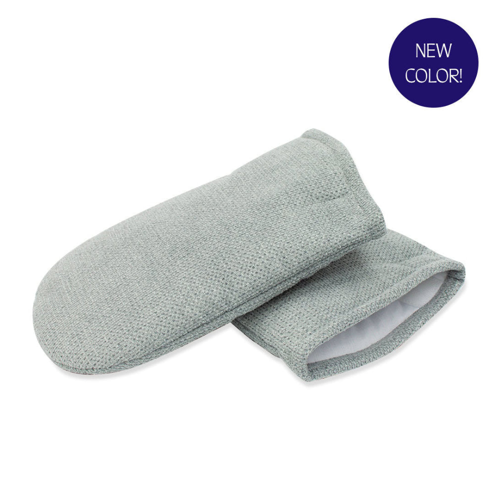 An angled shot of the pair of Therabath mitts, emphasizing the soft texture and durable outer fabric.