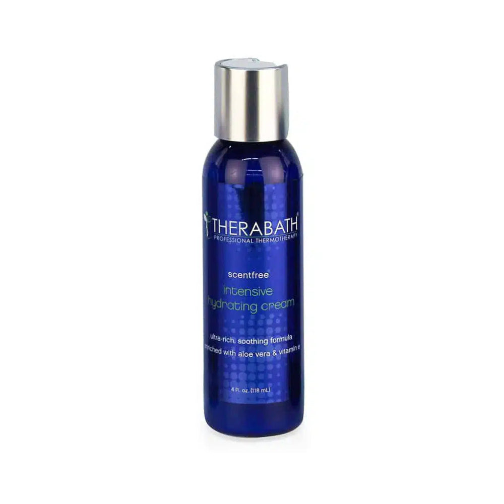 A 4-oz. bottle of Therabath intensive hydrating cream, used to provide deep moisture to the feet before paraffin application.