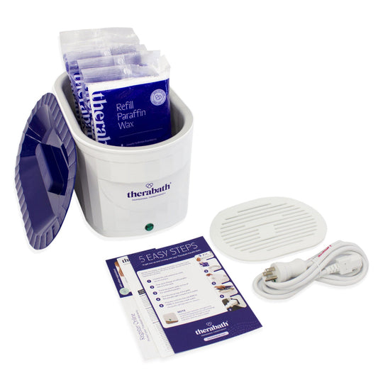 The Therabath Professional Paraffin Bath (Model TB6) kit, including the durable clinical unit and 6 lbs of medical-grade classic paraffin wax for therapeutic heat relief.