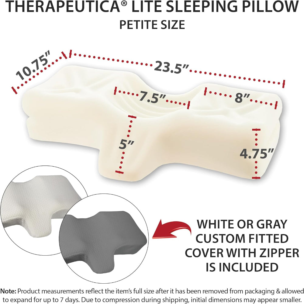 A detailed diagram explaining the size details of the pillow, including the head cradle and side cavities.