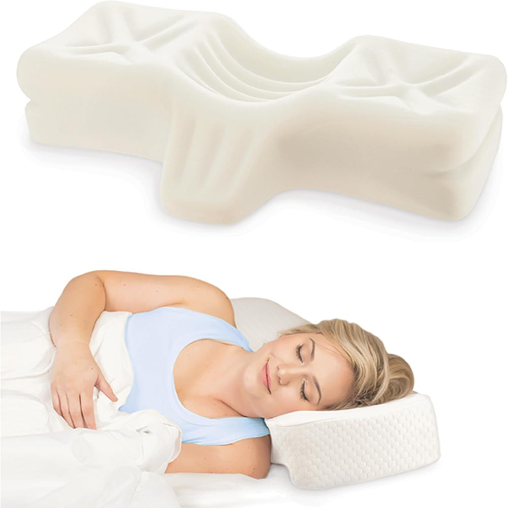 Side profile of the Therapeutica pillow, highlighting the raised side sections for comfortable side-sleeping support.