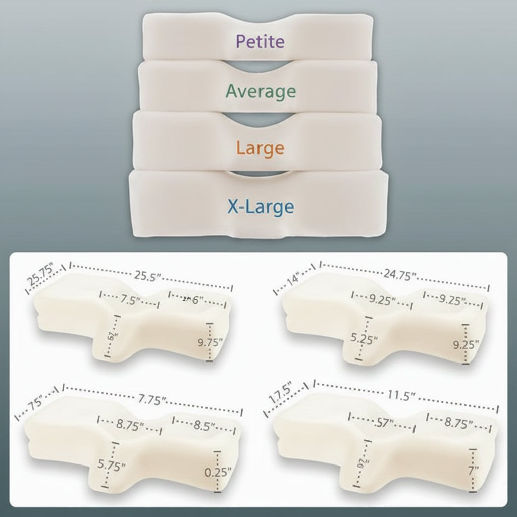 A product stack displaying the various sizes of the Therapeutica Cervical Sleeping Pillow, highlighting the height and width differences between each ergonomic model.