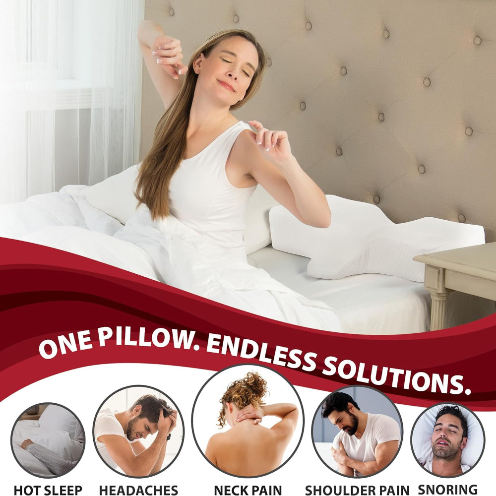 A person using the Therapeutica pillow while sleeping, showing the proper alignment of the head and neck.