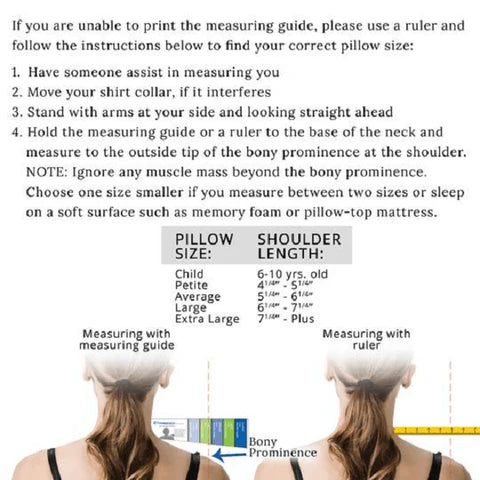 Instructions and shoulder measurement chart for selecting Therapeutica sleeping pillow size using a ruler or measuring guide on a white background.