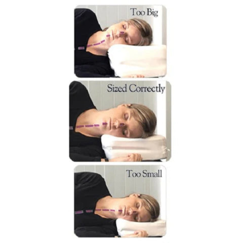 Close-up lifestyle shot of a user’s head resting on the pillow, focusing on the neck support zone.