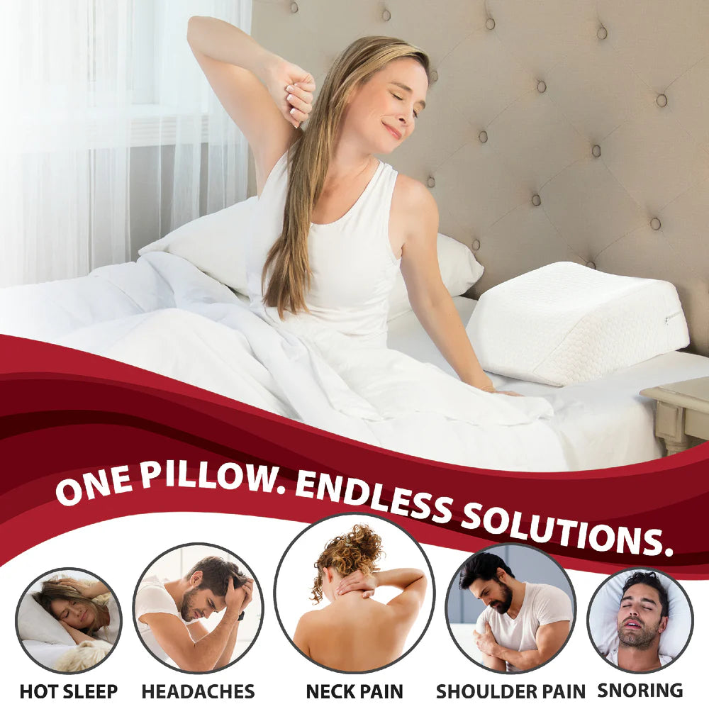 A person using the travel-sized pillow while sleeping in a bed, demonstrating how it maintains spinal alignment in a portable format.