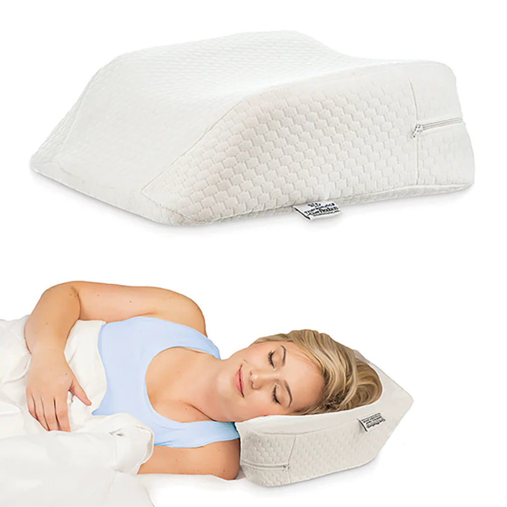 Side profile of the travel pillow, showcasing the wedge shape and the transition between the head cradle and neck support.