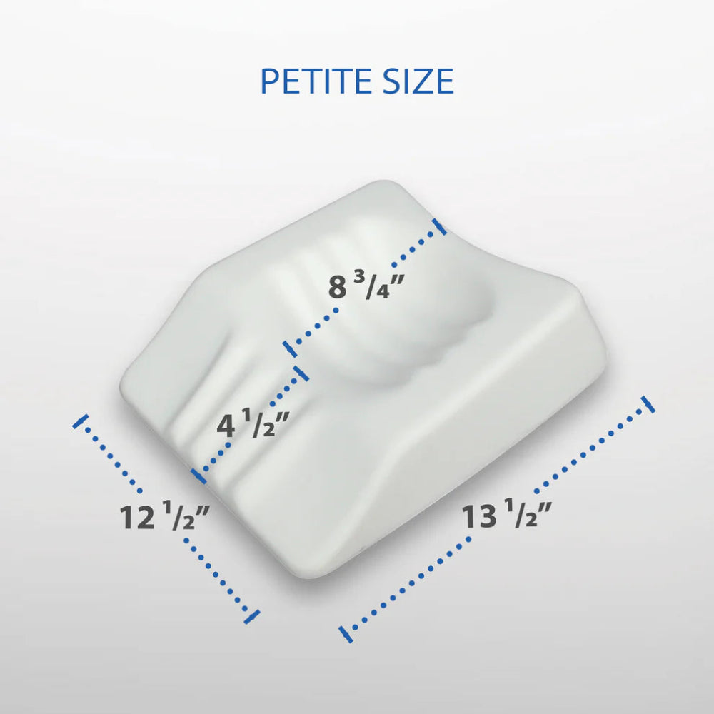 A technical diagram showing the specific height and width dimensions of the travel-sized cervical pillow.