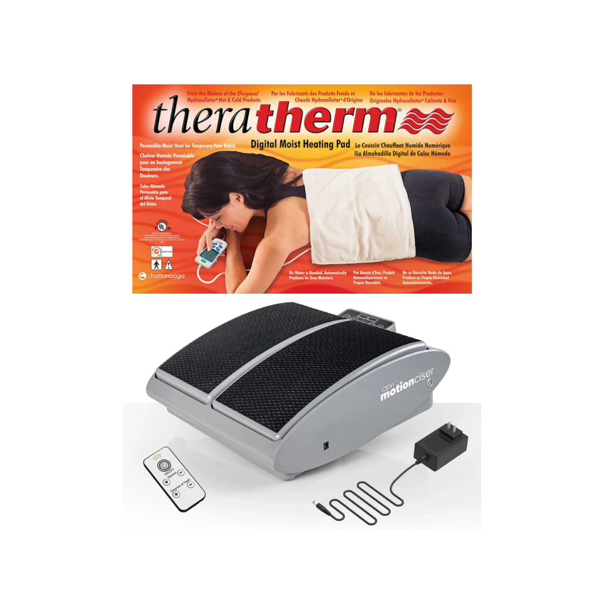 TheraTherm Digital Moist Heating Pad product packaging box next to a grey MotionCiser foot massager with remote control and power adapter on a white background.