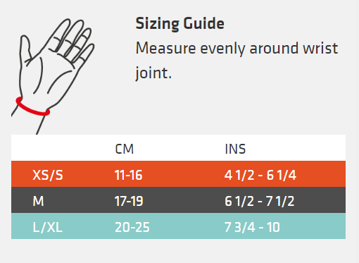 Thermoskin thermal wrist brace sizing guide and wrist measurement size chart