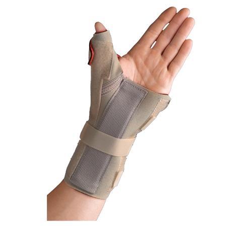 Beige Thermoskin thermal wrist brace with thumb spica splint support worn on hand