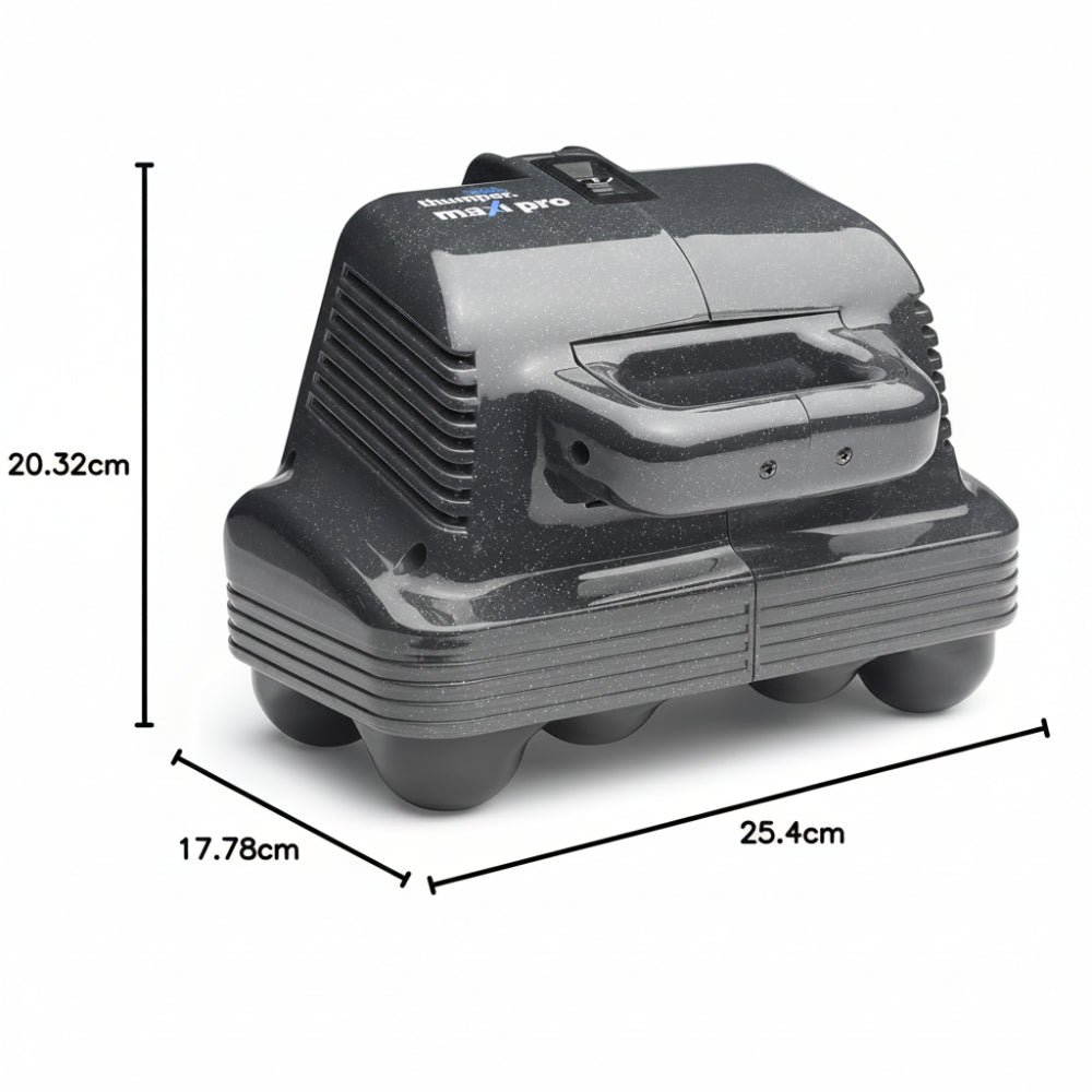 A technical dimension image for the Thumper Maxi Pro, showing its 8" x 10" x 7.5" size, 7 lb weight, and the 12-foot power cord specifications.