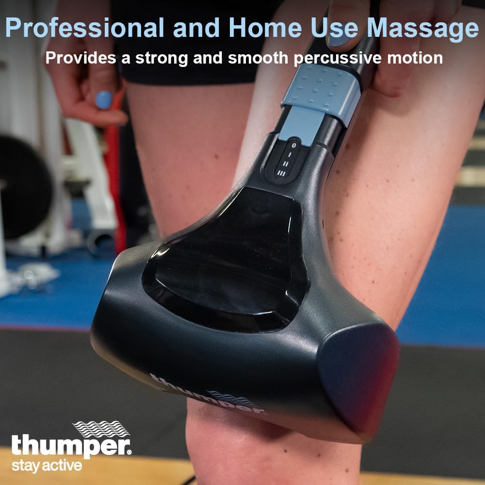 The Thumper Mini Pro being applied to a user's calf muscle to relieve tension and improve circulation.