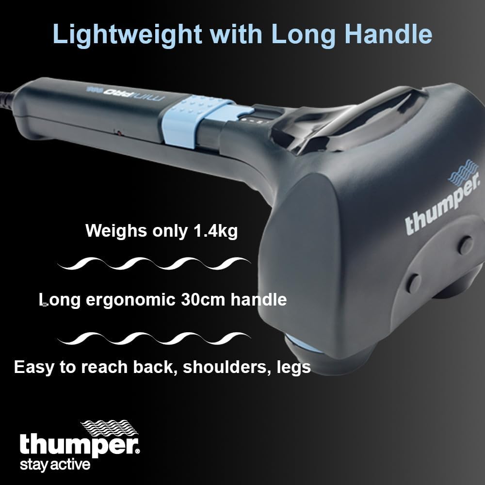 Side view of the Thumper Mini Pro focusing on the slim, lightweight handle designed for comfortable extended use.