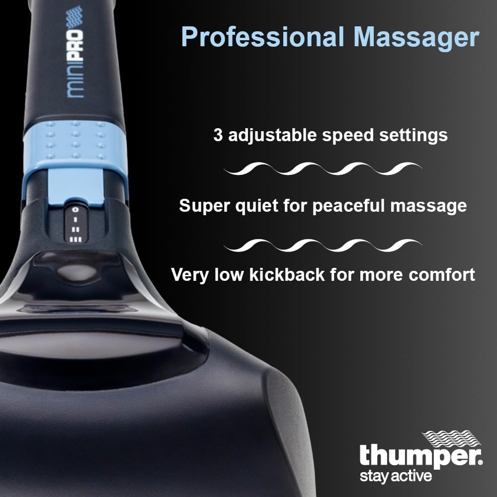 An infographic detailing the patented percussive action and professional strength of the Thumper Mini Pro.