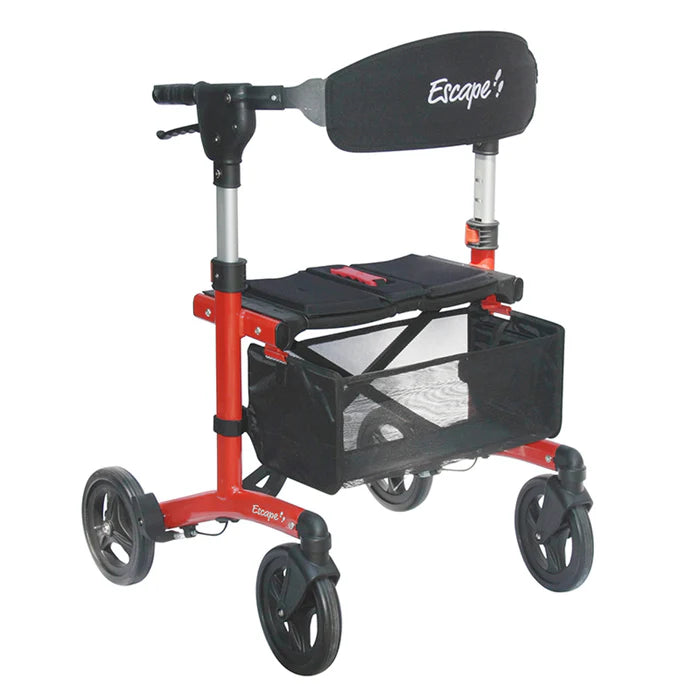 Red Triumph Mobility Escape rollator walker with padded backrest seat and mesh storage basket