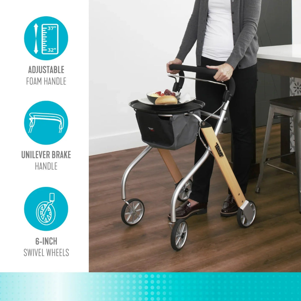 Lifestyle view of the Trust Care indoor walker being used in a home setting, showcasing its smooth swivel wheels and one-handed braking system for easy maneuverability.