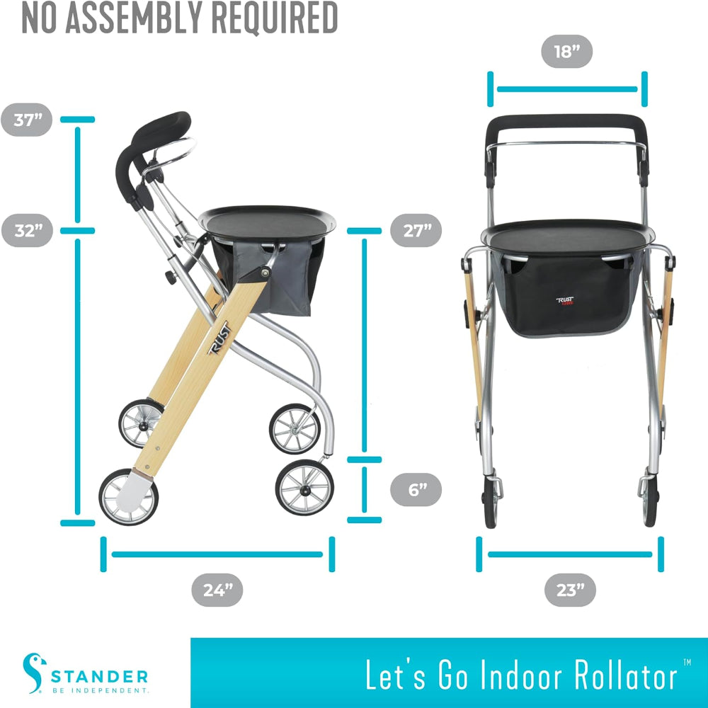 A technical infographic showing the height-adjustable handle range and the narrow width specifications of the indoor walker.
