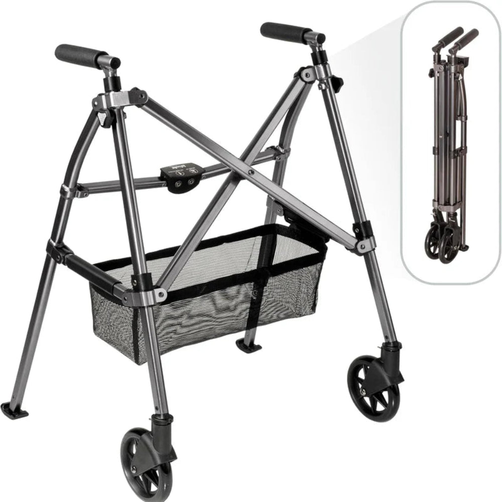 A person demonstrating how the Let's Go Indoor Rollator folds flat for easy storage behind a door or furniture.