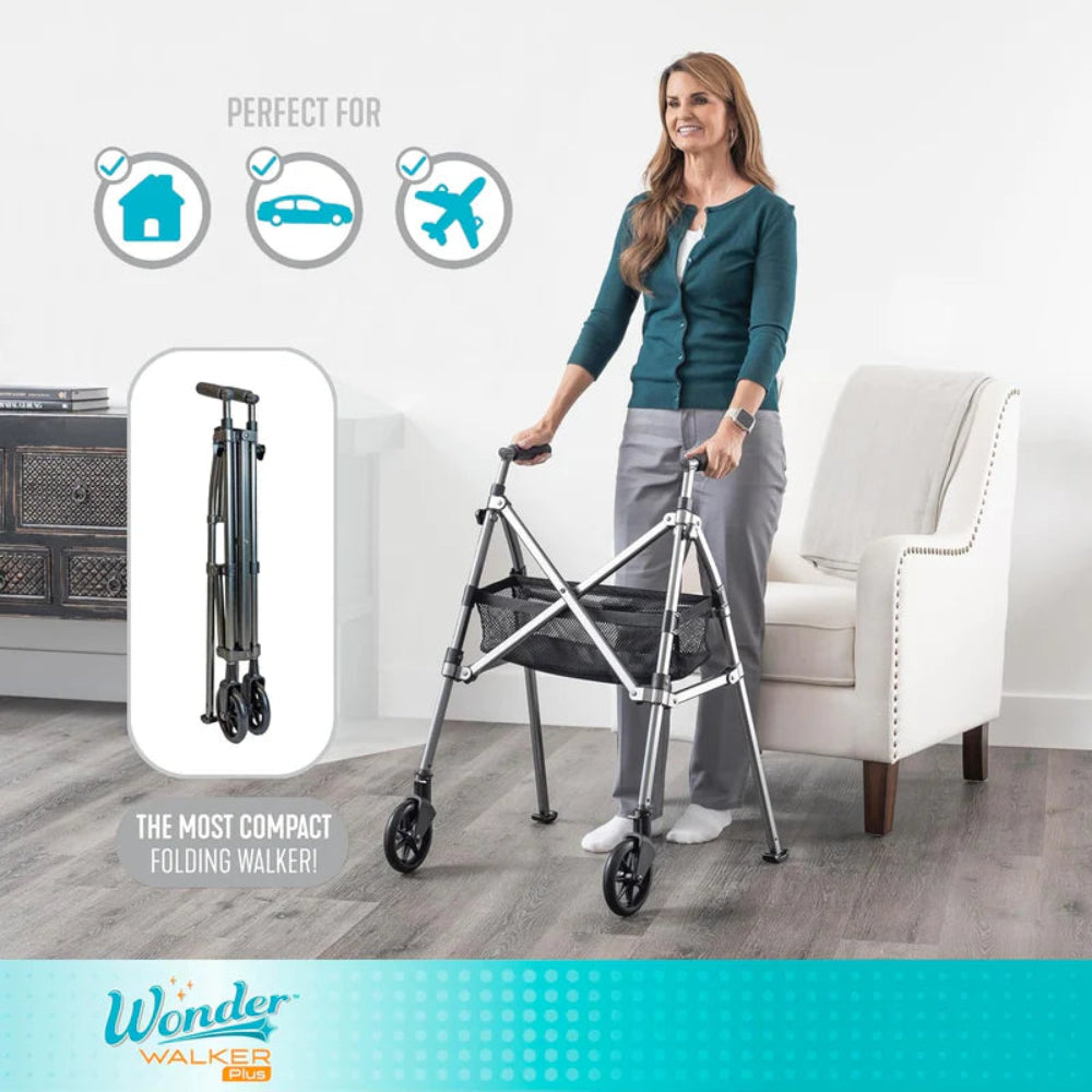 A user navigating a narrow hallway with the silver indoor rollator, showcasing its maneuverability in tight spaces.