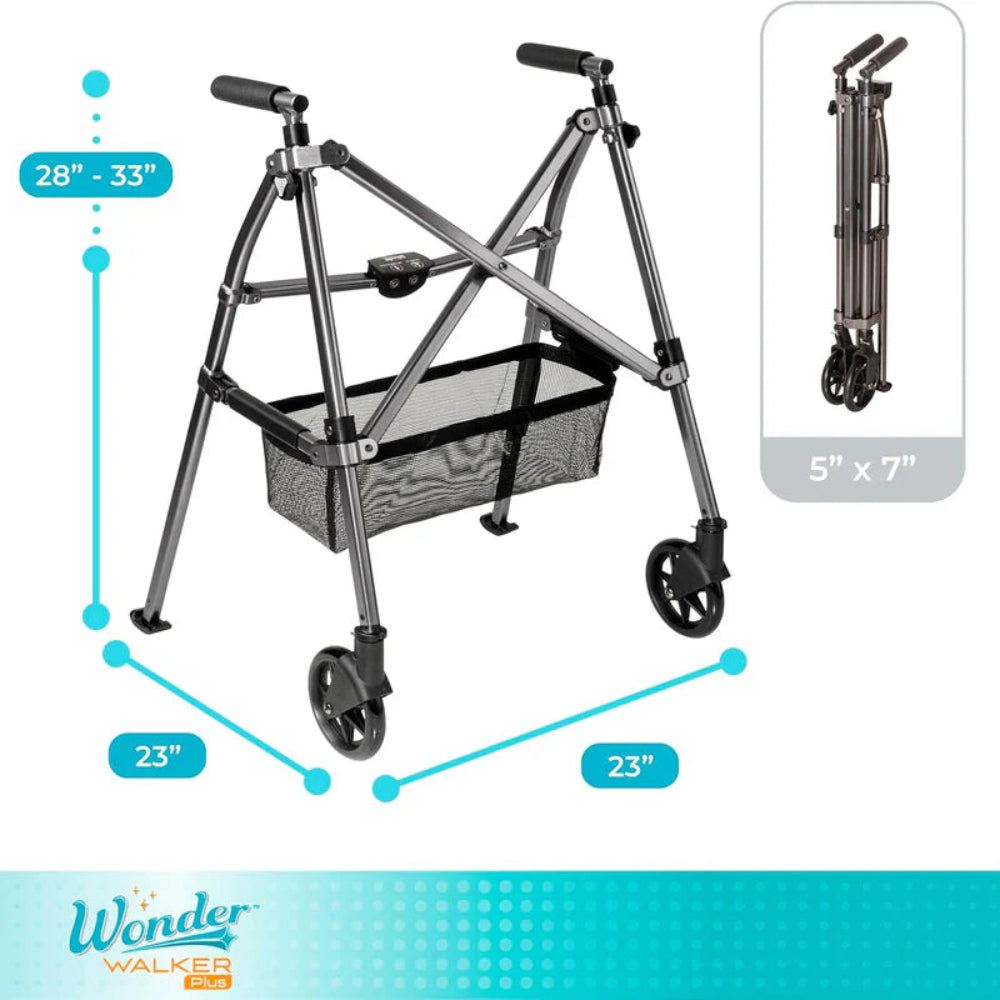 Technical diagram showing the height-adjustable handle range,folded and the slim width of the Trust Care indoor rollator.
