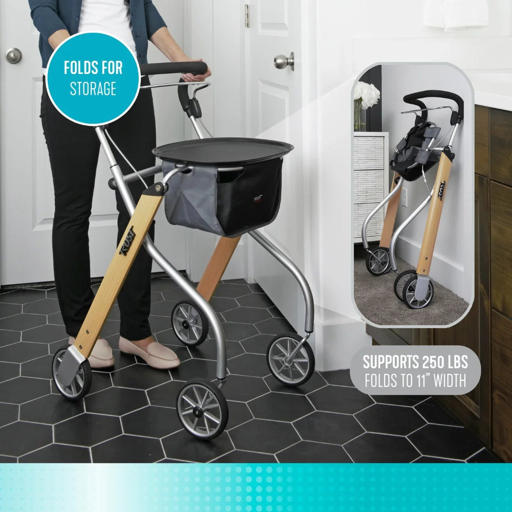A lifestyle image demonstrating the Trust Care Let's Go Indoor Rollator navigating a narrow space between a wall and furniture, highlighting its compact 21.3-inch width.