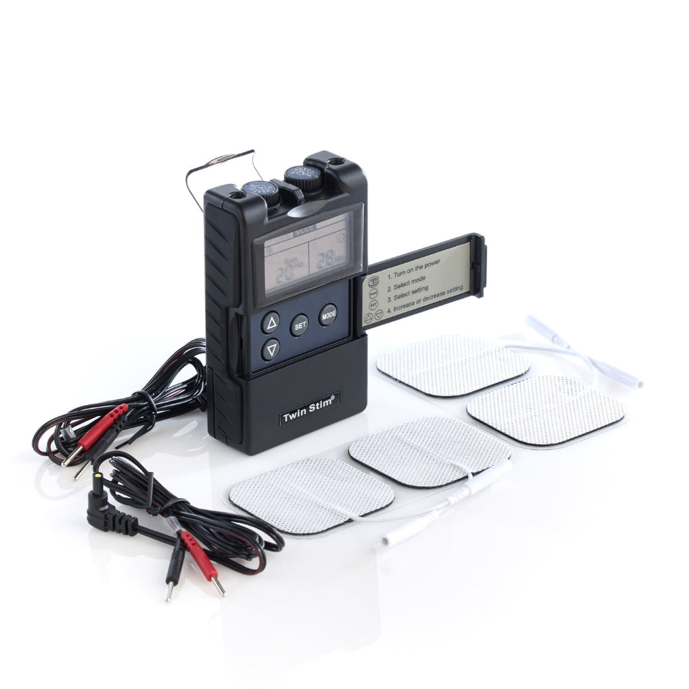 An angled perspective view of the Twin Stim 2nd Edition, highlighting the sleek black casing and the portable design.