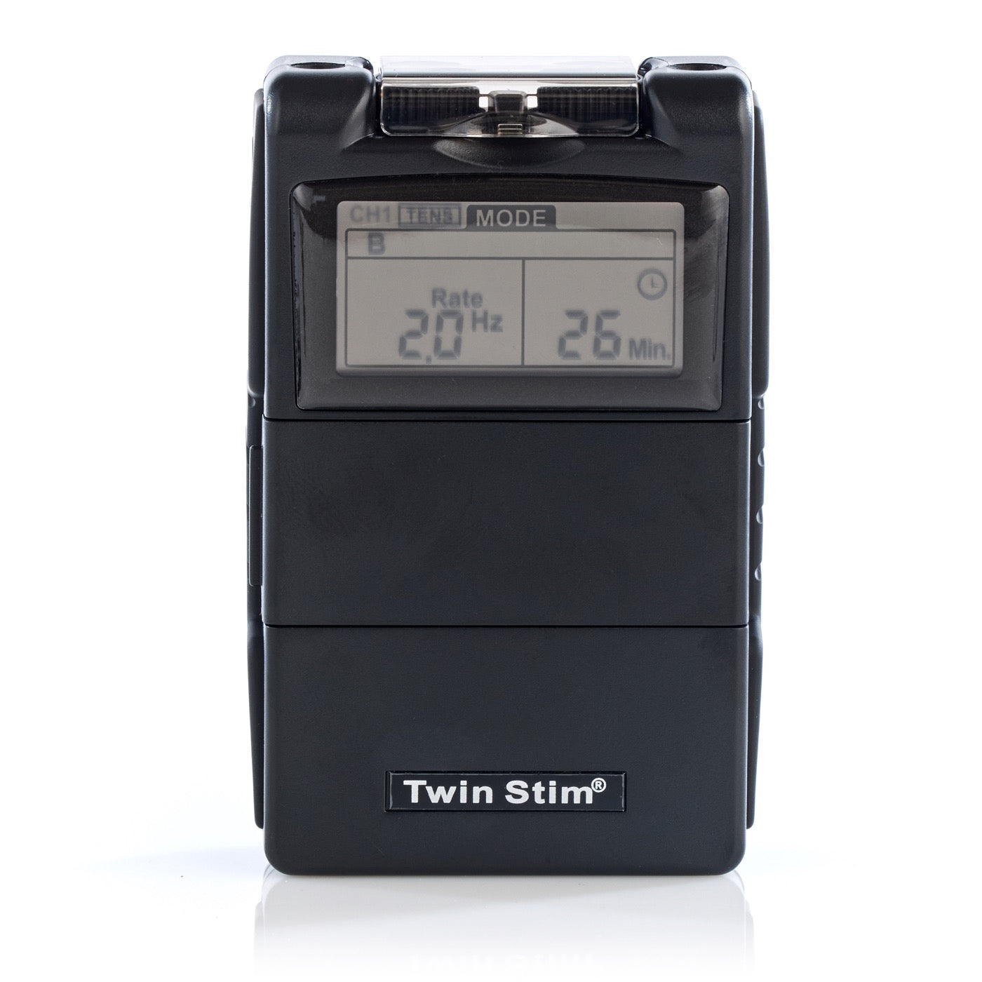 A direct front view of the Twin Stim device, showcasing the easy-to-read LCD screen and the dedicated mode selection buttons.