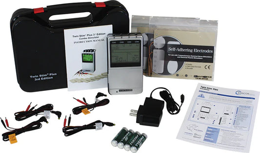 Twin Stim Plus 3rd Edition 4-channel electrotherapy device kit with electrode pads and accessories