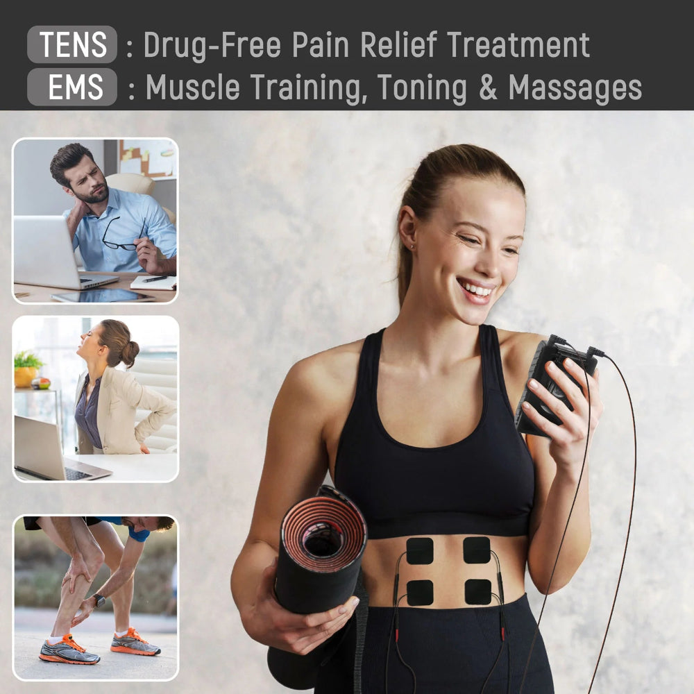 A person in athletic wear using the Twin Stim unit on their abdominal muscles, demonstrating its use for muscle conditioning and recovery.