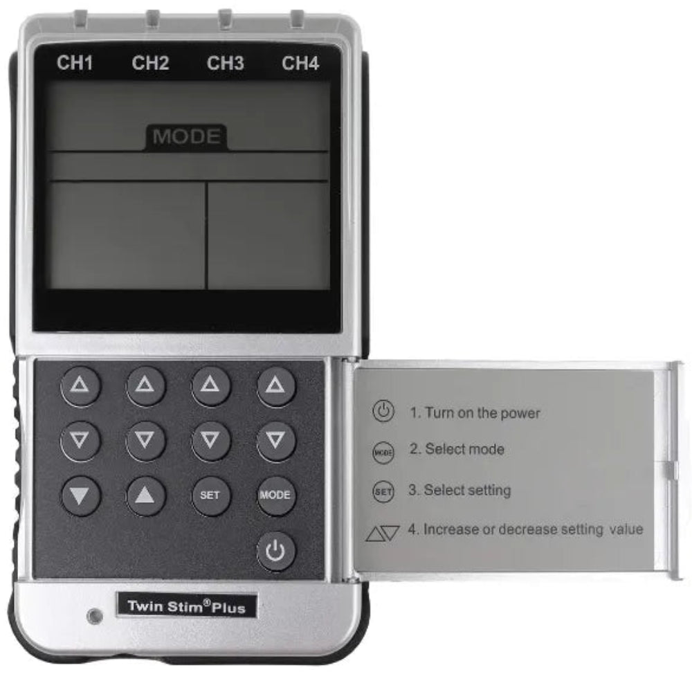 A direct front view of the TwinStim Plus device, showcasing the comprehensive digital interface for controlling TENS and EMS 8-mode stimulation.