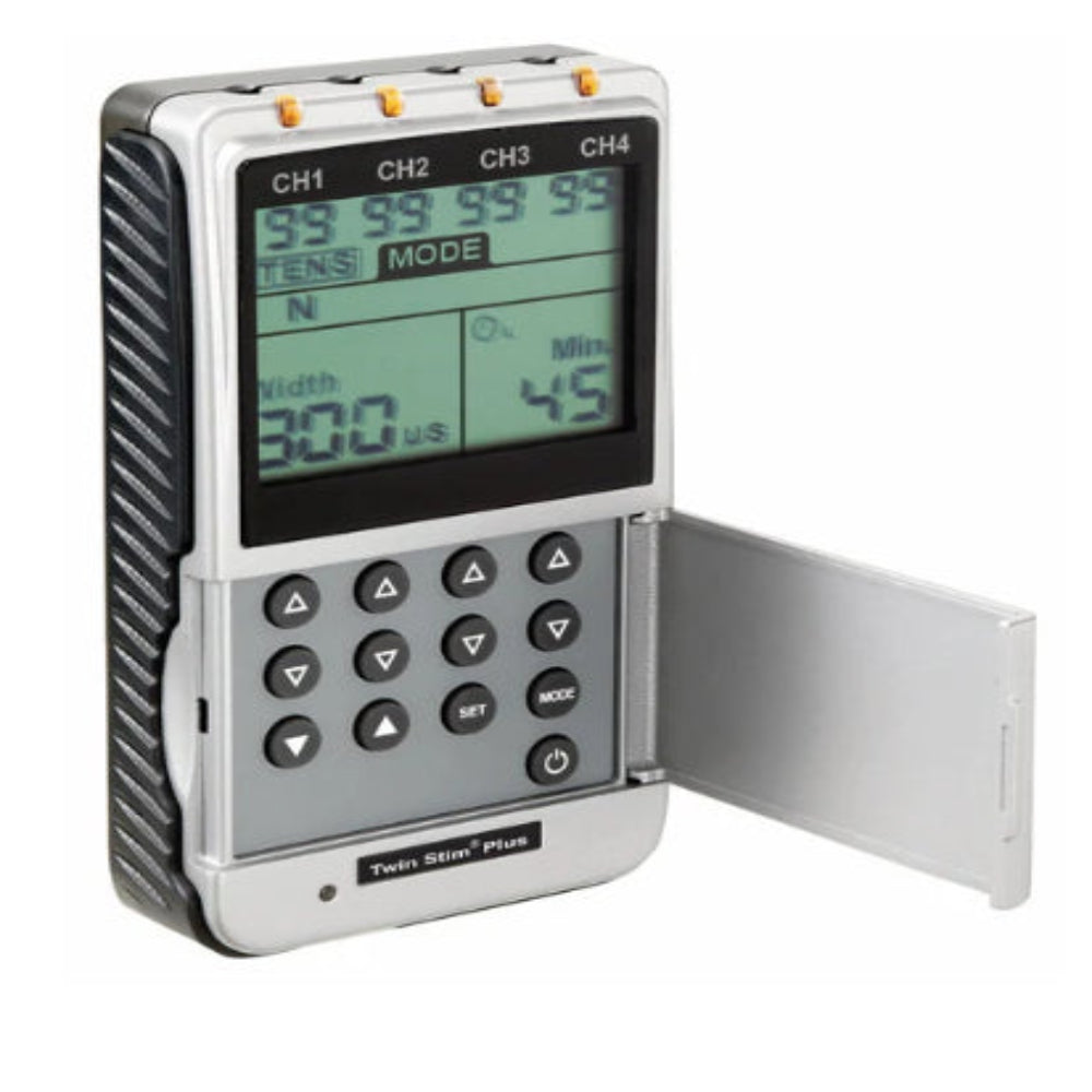 A side-angle view of the TwinStim Plus handheld unit, highlighting the protective flip-cover and the large LCD screen for easy parameter tracking.