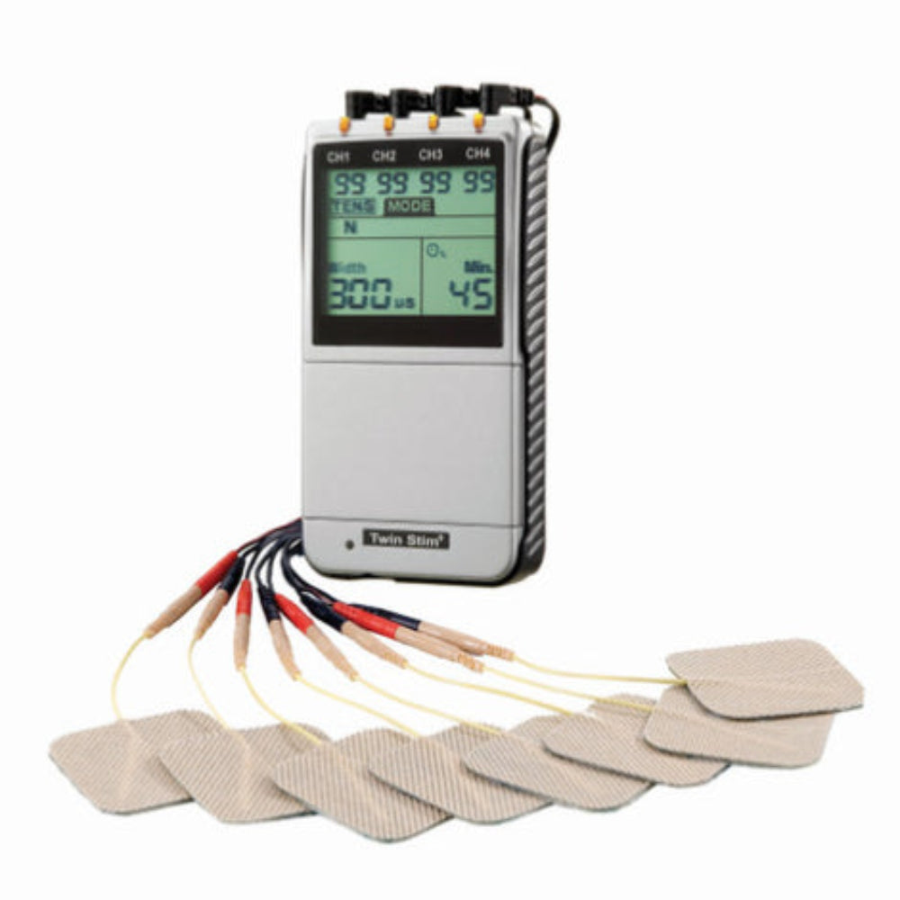 The TwinStim Plus device shown with two sets of lead wires and eight self-adhesive electrode pads, demonstrating its 4-channel capacity for treating multiple areas.