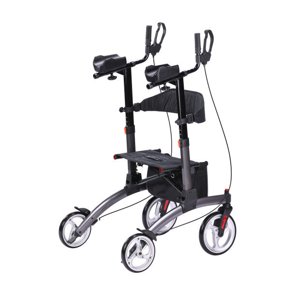 Dark grey upright rollator walker featuring padded forearm armrests, seat, backrest, and four wheels on a white background.
