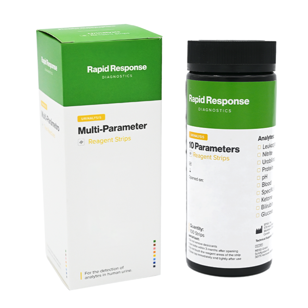 A perspective view of the 10-parameter urinalysis kit box, designed for clinical and professional diagnostic use.